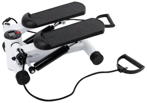 Kompakt steppmaskin med två halksäkra fotplattor, motståndsband med handtag och digital display för träningsdata. Stabil vit ram, perfekt för hemmaträning.