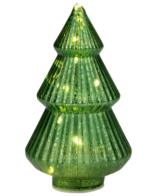 Grøn glas juletræsdekoration med rillet struktur, indvendige varme hvide LED-lys og blank, reflekterende overflade. Perfekt til julepynt eller som midtpunkt på bordet.