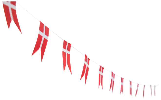 Snor med små dannebrogsflag, røde med hvidt kors, fastgjort til hvid snor. Perfekt til festlig pynt, fødselsdage eller nationale begivenheder. Til indendørs og udendørs brug.