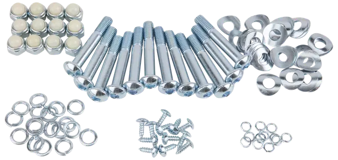 Sæt med metalbolte, skiver, møtrikker og klæbepuder, alle sølvfarvede, organiseret i grupper. Indeholder forskellige størrelser til generel montering eller hardwarebrug.