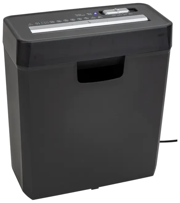 Sort papirkurv med rektangulært design, topindføring, kontrolknap og integreret håndtag. Velegnet til sikker bortskaffelse af dokumenter i hjemmet eller på kontoret.