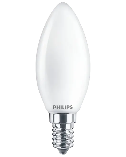 Vit Philips kronljusformad glödlampa med frostat glas och liten skruvsockel.