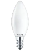 Vit Philips kronljusformad glödlampa med frostat glas och liten skruvsockel.