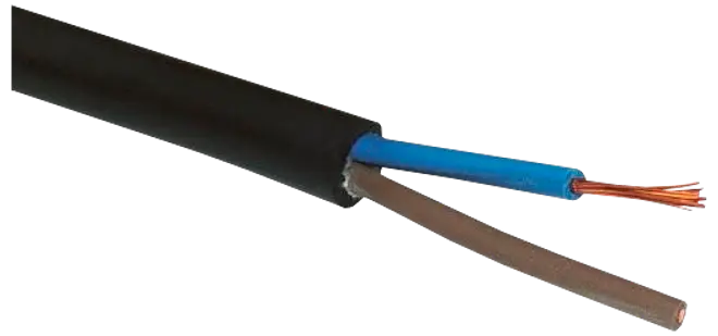 Elektrisk kabel med sort yderisolering, indeholder to indre kobberledere: én blå og én brun, hver med individuel isolering. Velegnet til almindelig elinstallation.