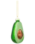 Julepynt i glas formet som en halv avocado med brun sten, grøn kant og gyldent ophæng. Realistiske malede detaljer. Let og festlig dekoration.