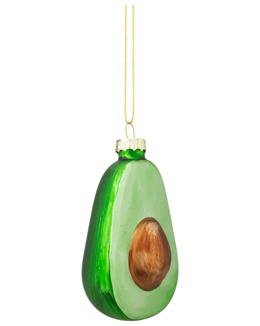 Julepynt i glas formet som en halv avocado med brun sten, grøn kant og gyldent ophæng. Realistiske malede detaljer. Let og festlig dekoration.