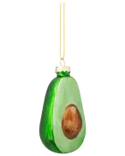 Julepynt i glas formet som en halv avocado med brun sten, grøn kant og gyldent ophæng. Realistiske malede detaljer. Let og festlig dekoration.