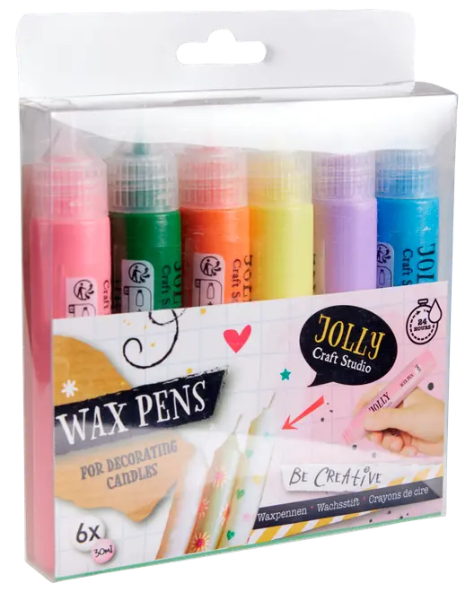 Sæt med seks Jolly Craft Studio voks-penne i forskellige farver til dekoration af stearinlys, hver pen indeholder 30 ml, pakket i klar plastæske med ophæng.
