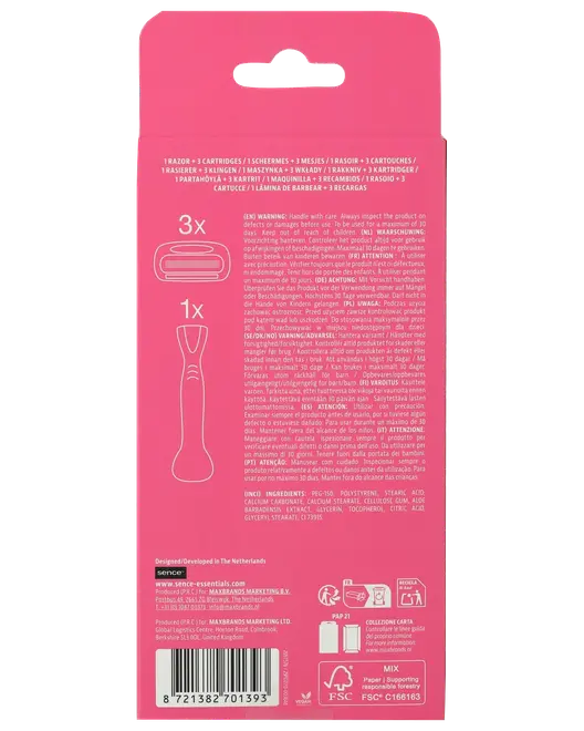 Bagside af lyserød barberpakke med indhold: 1 barberhåndtag og 3 barberhoveder. Indeholder produktinformation, advarsler, ingredienser og genbrugssymboler. Tekst og enkle stregillustrationer vises.