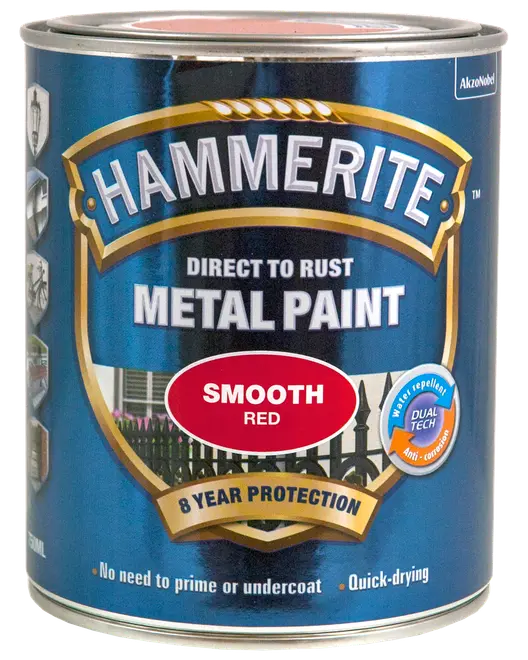 Hammerite Glat Rød Metal maling, direkte på rust, 8 års beskyttelse, vandafvisende, anti-korrosion, ingen grunding nødvendig, hurtigtørrende, 250 ml dåse.