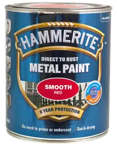 Hammerite Glat Rød Metal maling, direkte på rust, 8 års beskyttelse, vandafvisende, anti-korrosion, ingen grunding nødvendig, hurtigtørrende, 250 ml dåse.