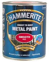 Hammerite glat rød metalmaling, 250 ml dåse. Påføres direkte på rust, ingen grundmaling nødvendig, hurtigtørrende, 8 års beskyttelse, velegnet til udendørs metaloverflader.