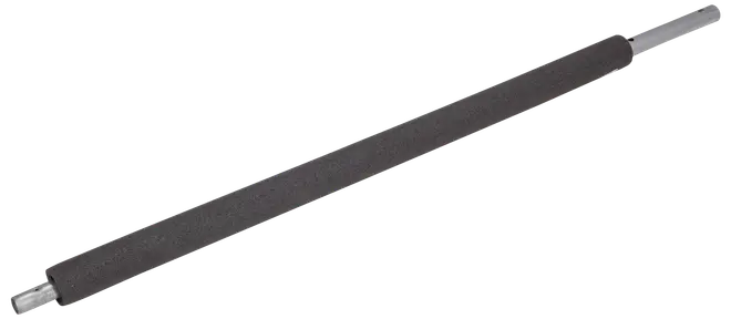 Printerrulle med cylindrisk form, sort gummibelægning og metalender. Designet til brug i laserprintere eller kopimaskiner til overførsel af toner til papir.