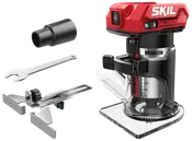 SKIL trådløs børsteløs kompakt overfræser med rød og sort krop, klar bund, dybdejustering, tænd/sluk-knap og tilbehør: kantstyr, nøgle og støvudsugningsadapter.