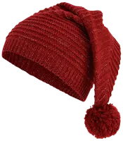 A deep red, knitted hat with a ribbed texture and a long, slouchy design. The hat features a large, fluffy pom-pom at the tip, and subtle metallic threads are woven throughout the fabric, giving it a slight shimmer.