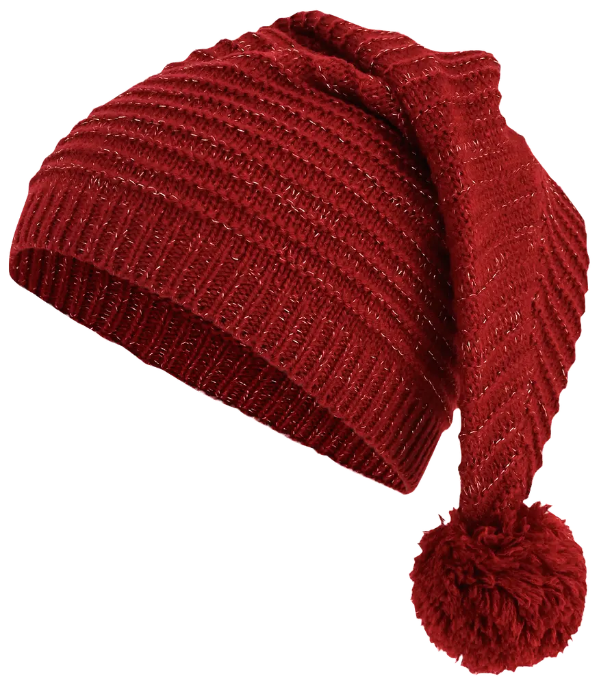 A deep red, knitted hat with a ribbed texture and a long, slouchy design. The hat features a large, fluffy pom-pom at the tip, and subtle metallic threads are woven throughout the fabric, giving it a slight shimmer.