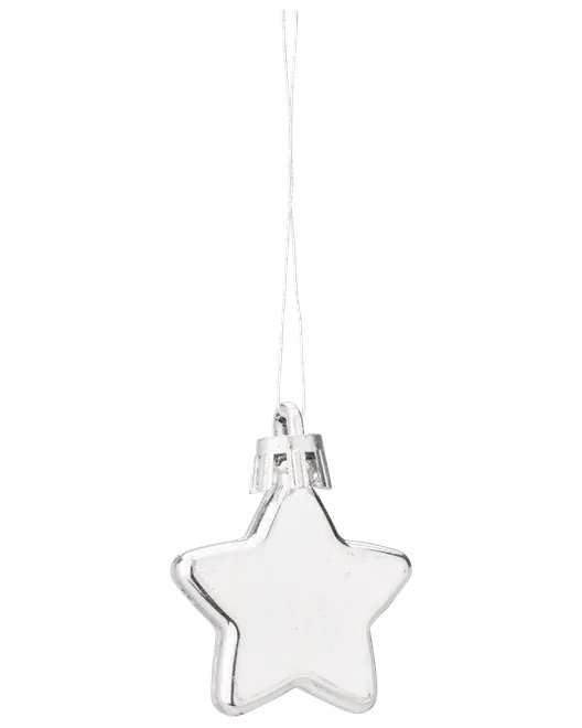 Blank stjerneformet juleornament i sølv med glat overflade og sølvfarvet ophængssnor. Perfekt til juletræspynt eller dekoration. Let og reflekterende finish.