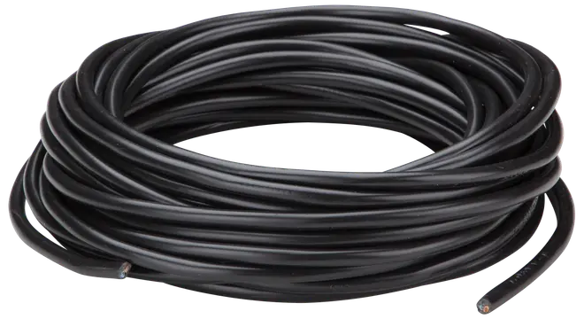 Sort elektrisk ledning i en rulle, isoleret og fleksibel, egnet til generel ledningsføring eller elektronikprojekter. Ledningen er uspundet og begge ender er synlige.