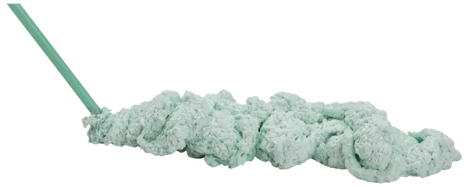 Lysegrøn, fluffy rengøringsduster med langt håndtag. Dusterhovedet er blødt og tekstureret, ideelt til støvning af sarte eller svært tilgængelige områder.