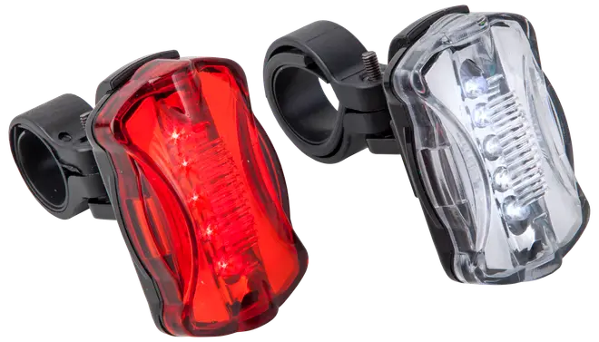 Sæt med to cykellygter, én rød og én hvid, med LED-pærer og sorte monteringsbeslag. Ideelle til for- og baglys for øget synlighed og sikkerhed.