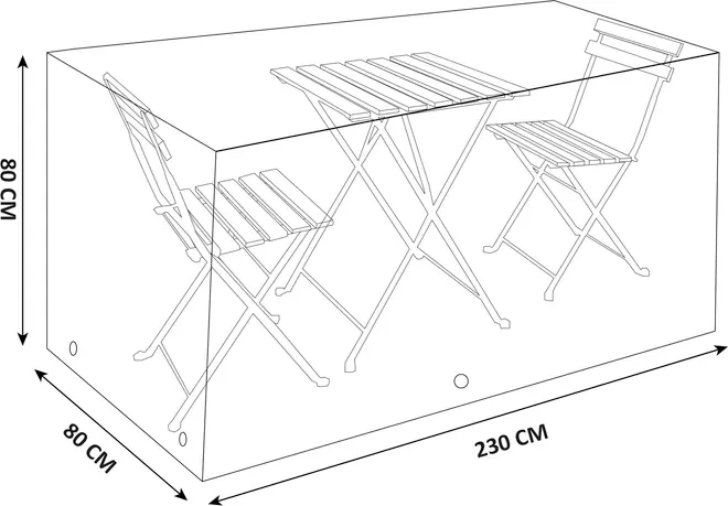 Beskyttelsesovertræk til havemøbler, passer til bord og to stole. Mål: 230 cm lang, 80 cm bred, 80 cm høj. Transparent med møbelillustration.