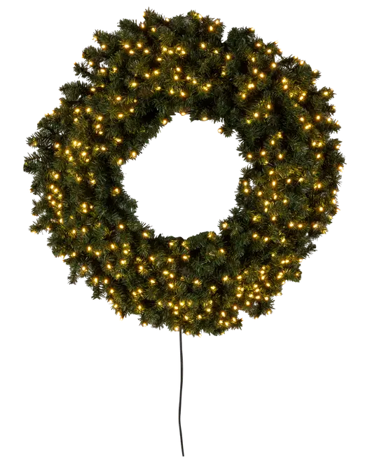 Forbelyst kunstig julekrans med tætte grønne fyrnåle og varme hvide lys, vist med ophængskabel.
