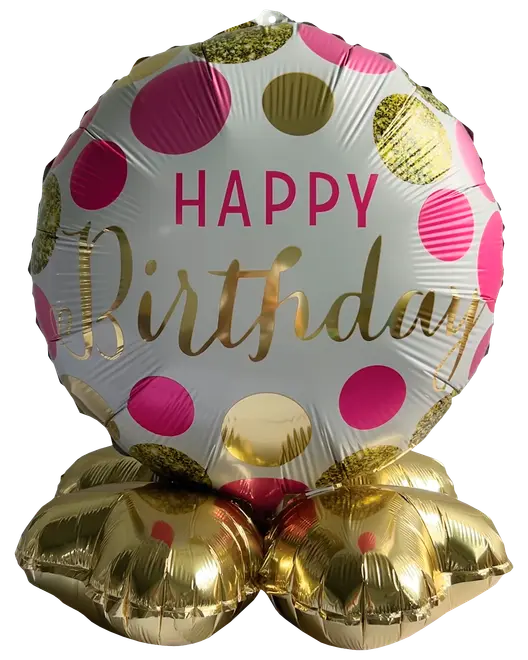 Folieballong på fot Ø35 cm - ”Happy birthday” Rosa