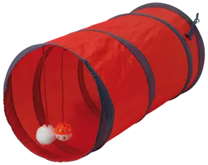 Rød sammenklappelig kattetunnel med grå kant, to hængende legetøj—en hvid pelsbold og en orange plastikbold. Perfekt til leg og motion for indekatte og killinger.