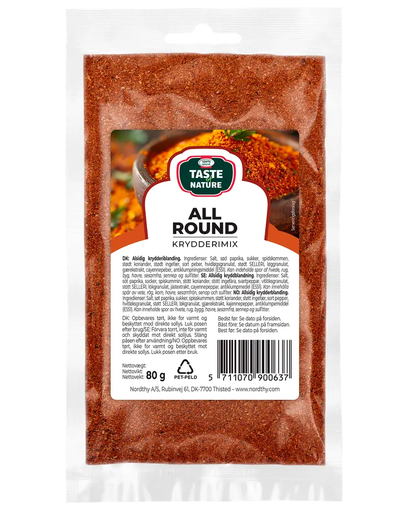 80g återförslutningsbar påse med Taste Nature All Round kryddmix, mångsidig kryddblandning med paprika, salt och kryddor. Tydlig framsida med ingredienser och instruktioner.
