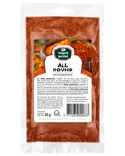 80g återförslutningsbar påse med Taste Nature All Round kryddmix, mångsidig kryddblandning med paprika, salt och kryddor. Tydlig framsida med ingredienser och instruktioner.