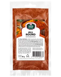 80g återförslutningsbar påse med Taste Nature All Round kryddmix, mångsidig kryddblandning med paprika, salt och kryddor. Tydlig framsida med ingredienser och instruktioner.