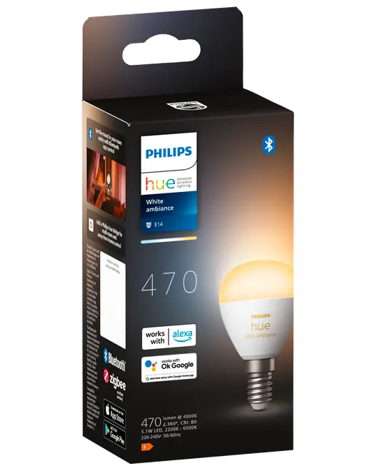 Philips Hue White Ambiance E14 smart LED-pære, 470 lumen, Bluetooth og Zigbee kompatibel, virker med Alexa og Google Assistant, justerbart hvidt lys, 5,1W, 220-240V.