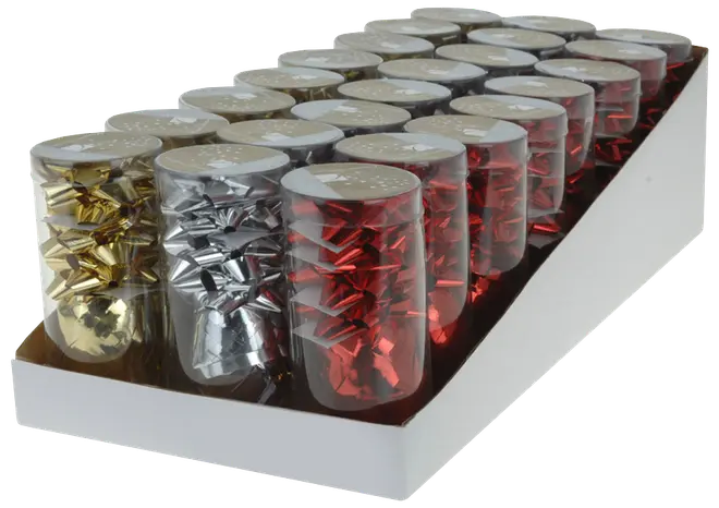 Set med presentrosetter i genomskinliga plasttuber, med metalliska färger i guld, silver och rött. Perfekt för presentinslagning. Varje tub innehåller flera rosetter.