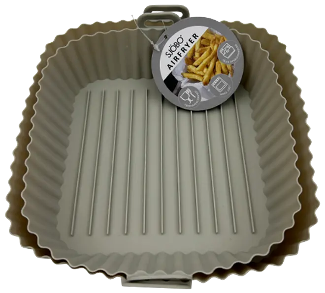 Grå silikone airfryer-bakke med bølgede kanter, sidehåndtag og rillet bund samt mærkeetiket.