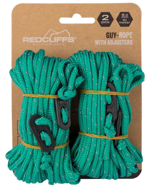 Två gröna tältlinor med svarta justerare, varje lina är 10 meter lång och 4 mm tjock. Passar för utomhusbruk, exempelvis tält eller presenningar.