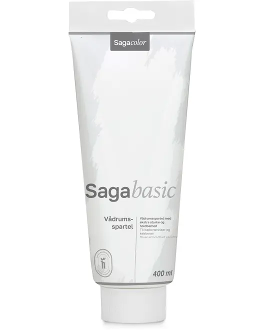 Saga Basic vådrumsspartel, 400 ml tube. Hvid emballage med grå tekst, velegnet til reparationer i vådrum. Nem at bruge, med skruelåg for præcis påføring.