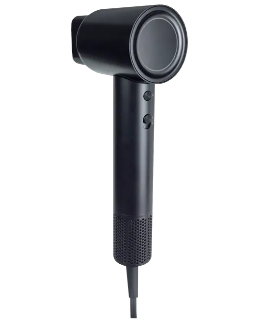 Elegant sort hårtørrer med cylindrisk design, to kontrolknapper på håndtaget og netluftindtag i bunden. Moderne, let og velegnet til daglig hårstyling.