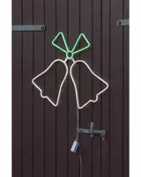 Neon LED-ljusslinga formad som två klockor med grön rosett, avsedd för väggmontering. Inkluderar strömkabel och kontrollbox, passar för festlig inomhus- eller utomhusbruk.