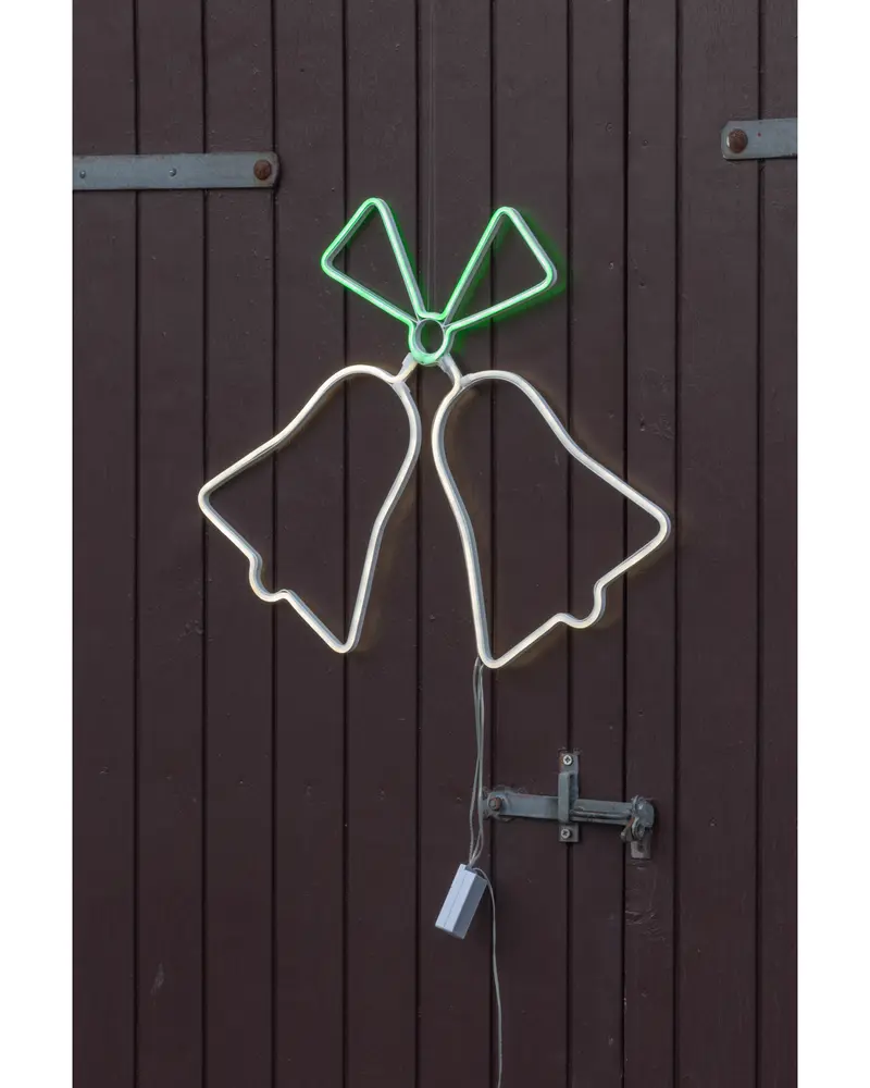Neon LED-ljusslinga formad som två klockor med grön rosett, avsedd för väggmontering. Inkluderar strömkabel och kontrollbox, passar för festlig inomhus- eller utomhusbruk.