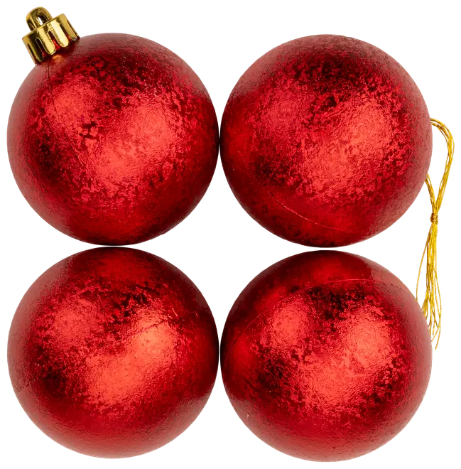 Sæt med fire skinnende røde julekugler med tekstureret overflade, én med guldtop og én med guldsnor til ophæng. Klassiske juledekorationer.