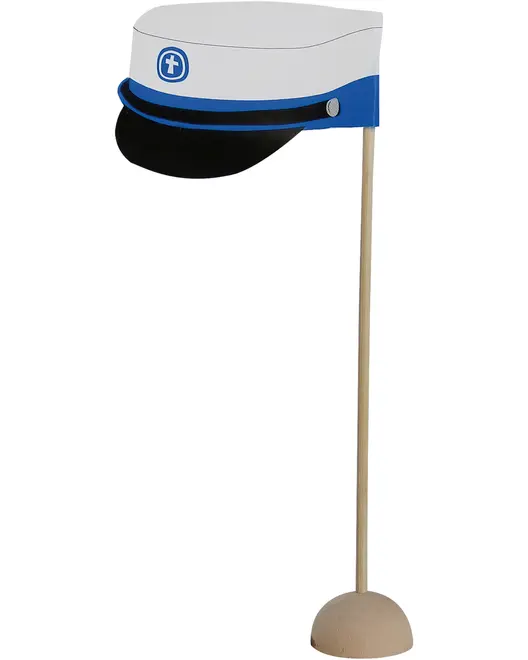 Trædekoration af studenterhue med hvid top, blå bånd, sort skygge og kors-emblem. Monteret på lang pind med rund beige fod. Perfekt til festlig udsmykning.