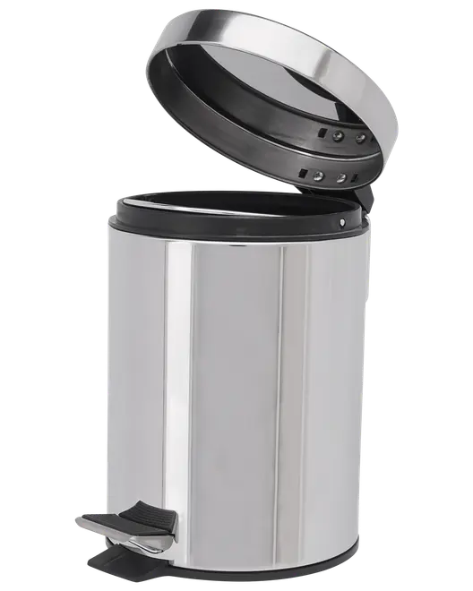 Liten rund pedalhink i rostfritt stål med fotpedal för handsfree-öppning och gångjärnslock. Passar badrum eller kontor. Slät, blank metallfinish.
