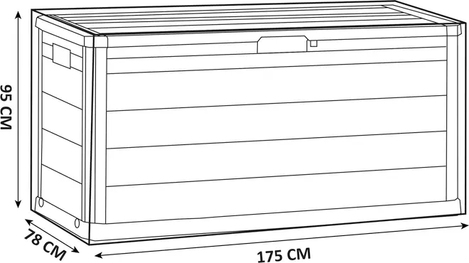 Rektangulär utomhusförvaringslåda med lock, sidhandtag och horisontell paneldesign. Mått: 175 cm bred, 78 cm djup, 95 cm hög. Passar trädgårdsförvaring.