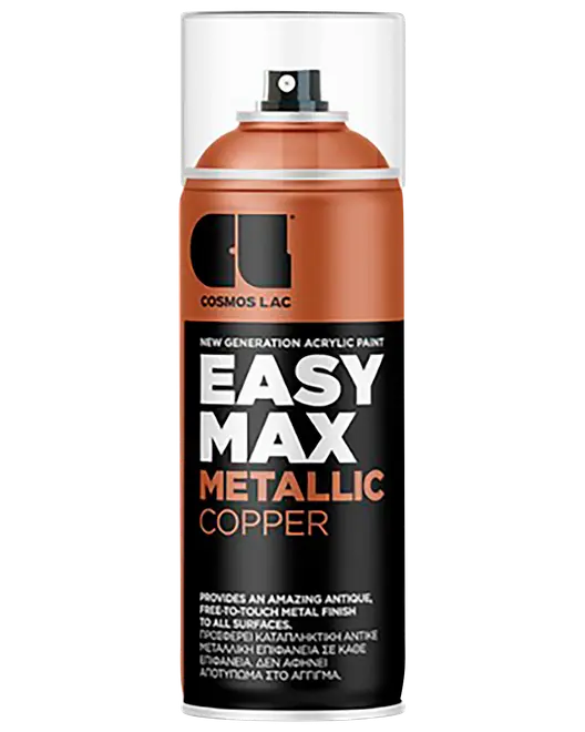 Aerosol spraymaling i metallic kobberfinish, mærket Cosmos Lac Easy Max, med sort og kobberdesign samt gennemsigtig beskyttelseshætte.