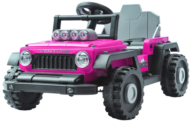 Lyserød elbil til børn, designet som en terrængående jeep med sorte detaljer, store dæk, forlygter, rat og to sæder. "Venture" logo foran på bilen.