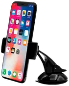 Svart justerbart bilfäste för mobil med sugpropp, flexibel arm och hållare som håller en smartphone upprätt på vindruta eller instrumentbräda.