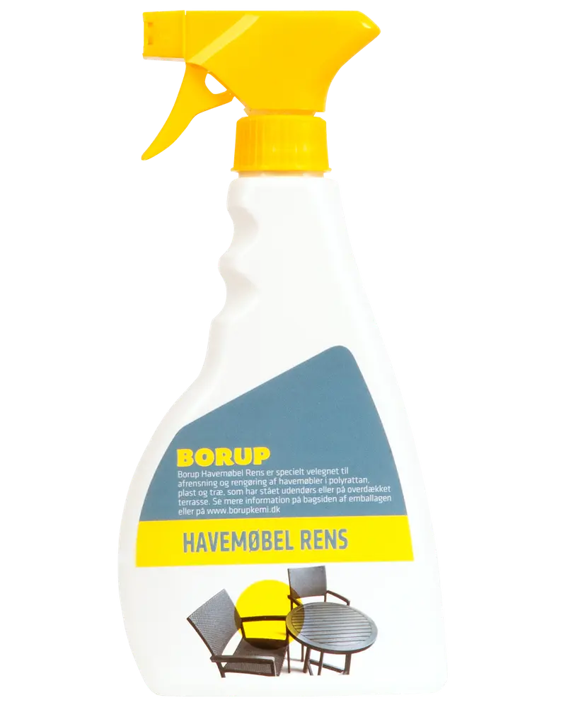 Borup havemøbelrens i hvid sprayflaske med gult håndtag, velegnet til rengøring af havemøbler. Etiketten viser stole og bord, egnet til plast, polyrattan og træ.