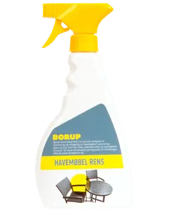 Borup havemøbelrens i hvid sprayflaske med gult håndtag, velegnet til rengøring af havemøbler. Etiketten viser stole og bord, egnet til plast, polyrattan og træ.