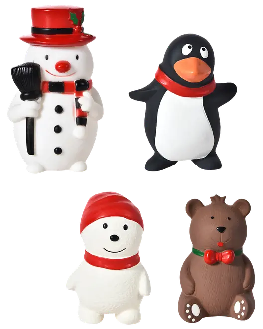 Sæt med fire julefigurer: snemand, pingvin, isbjørn og brun bjørn. Hver har festlige detaljer som hatte, tørklæder og sløjfer. Malet materiale, perfekt til dekoration.