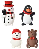 Sæt med fire julefigurer: snemand, pingvin, isbjørn og brun bjørn. Hver har festlige detaljer som hatte, tørklæder og sløjfer. Malet materiale, perfekt til dekoration.